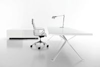 Bílý Skleněný Kancelářský Stůl | na Bílé kovové podnoži, s pojízdným Kontejnerem 180x90x53 cm, se zásuvkami